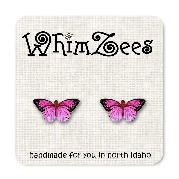 Butterfly earrings on a WhimZees branded card with text 'handmade for you in north Idaho'.