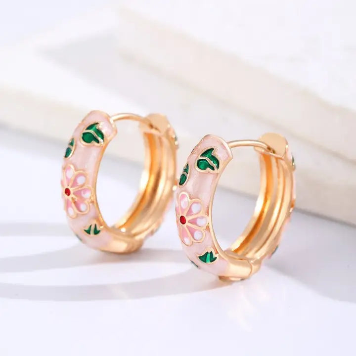 pink floral enamel earrings