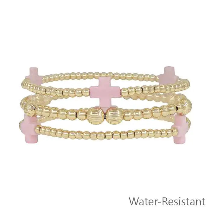 Gold Beaded and Pink Colored Cross Stretch Bracelets
