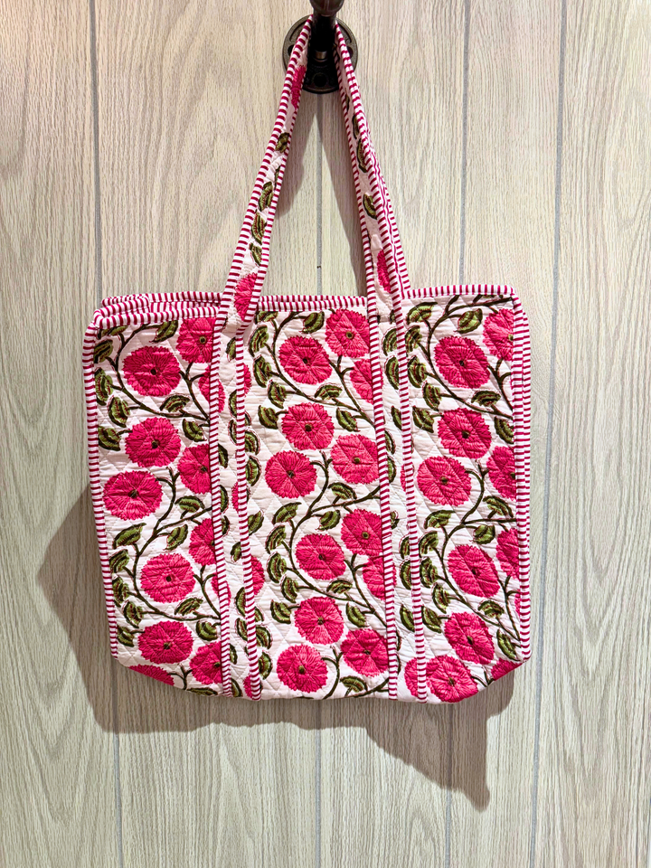 Oversized Quilted Tote Bag in Pink Floral