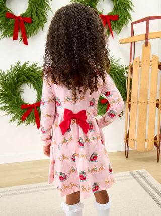 Girls Pink Reindeer Long Sleeve Twirl Dress