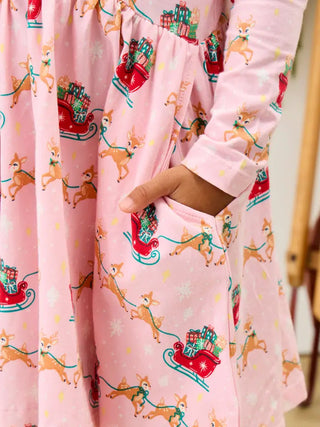 Girls Pink Reindeer Long Sleeve Twirl Dress