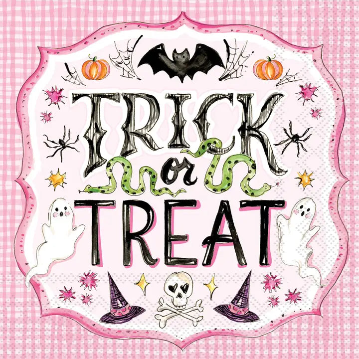 Halloween-themed decorative paper with 'Trick or Treat' text on a pink background