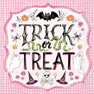 Halloween-themed decorative paper with 'Trick or Treat' text on a pink background