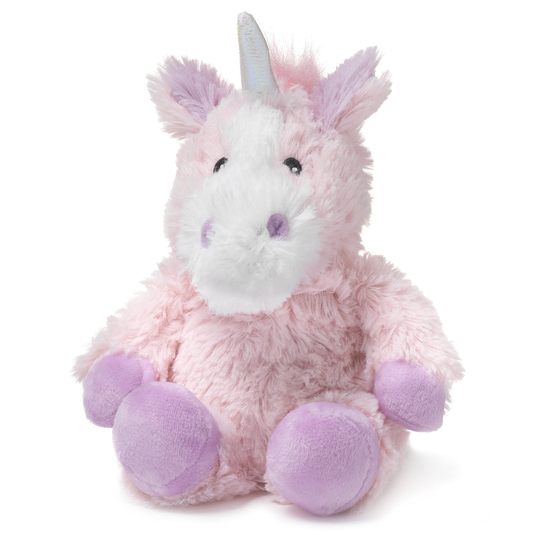 Pink and purple plush unicorn toy on a white background