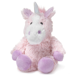 Pink and purple plush unicorn toy on a white background