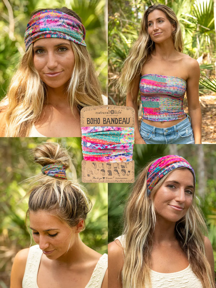 Woman wearing a colorful boho bandeau top and headband with a tropical background.