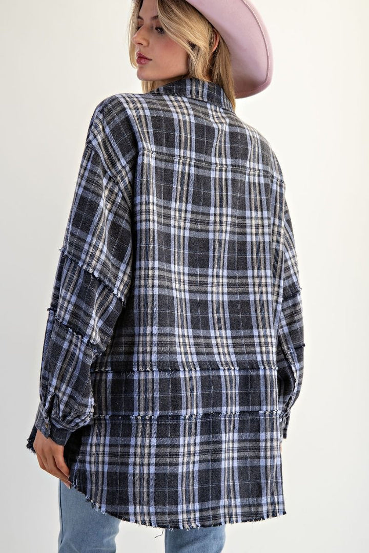 Washed Plaid Shirt Tunic in Navy Blue