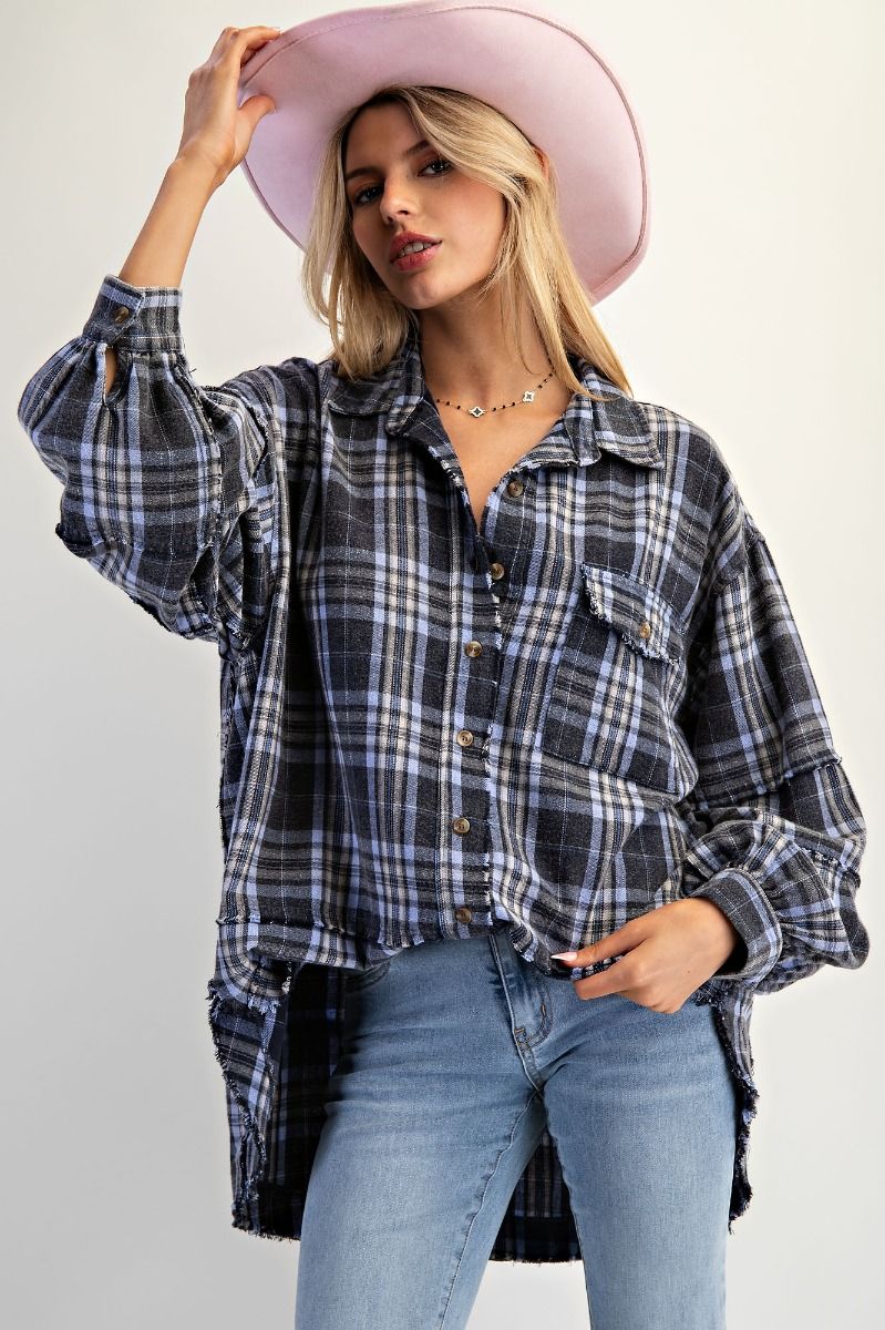 Washed Plaid Shirt Tunic in Navy Blue