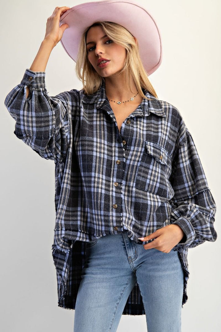 Washed Plaid Shirt Tunic in Navy Blue
