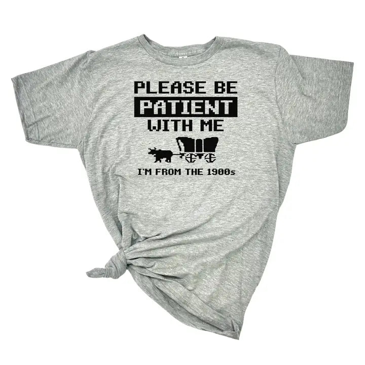 Gray t-shirt with humorous text design on a white background