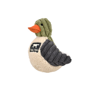 Plush duck toy with a gray body and orange beak on a white background