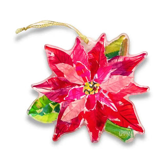 A hand-painted acrylic ornament shaped like a poinsettia flower, featuring vibrant red, pink, and green leaves with a gold hanging string, shown on a white background.