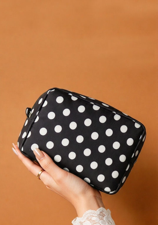 black and white polka dot pouch for traveling