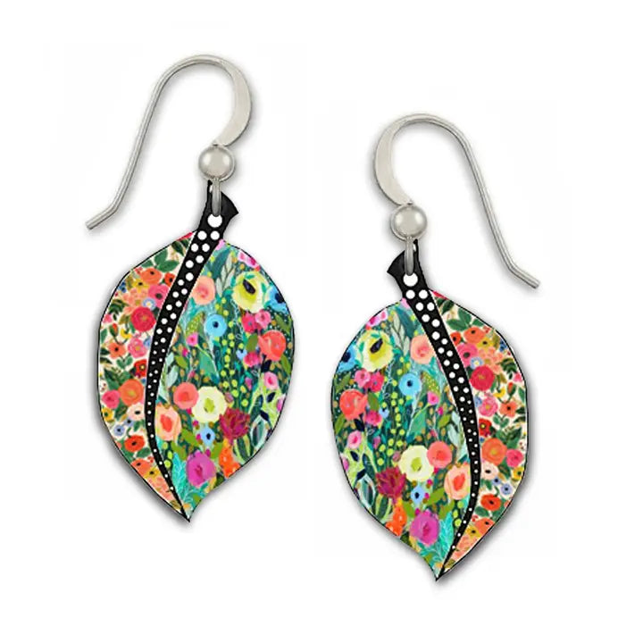Colorful floral leaf-shaped earrings on a white background