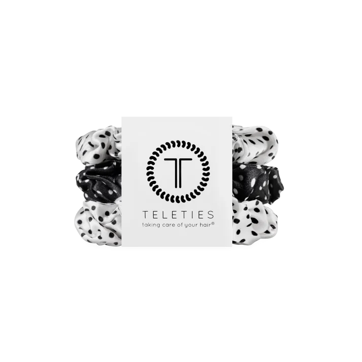 pack of 3 scurnchies with black and white polka dot pattern 