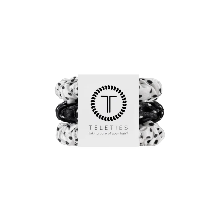 pack of 3 silk scrunchies with black and white polka dot pattern