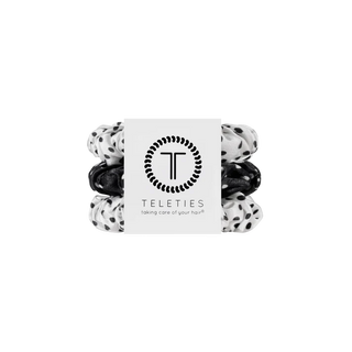 pack of 3 silk scrunchies with black and white polka dot pattern
