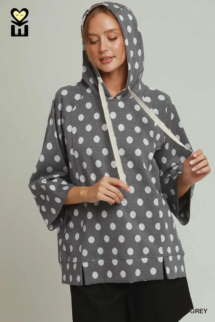 Polka Dot Printed Hoodie Tunic Top in Gray