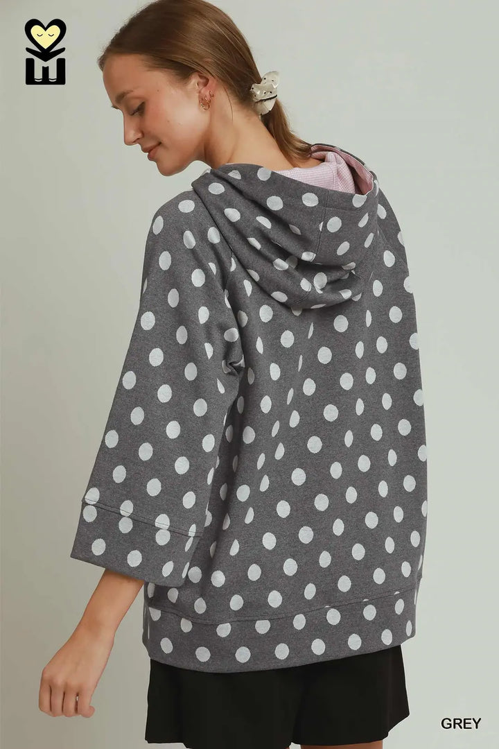 Polka Dot Printed Hoodie Tunic Top in Gray