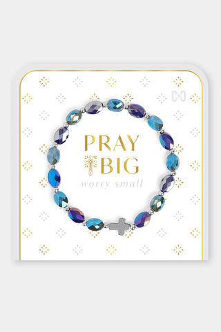 beaded bracelet with blue, purple, and silver beads and a silver cross charm