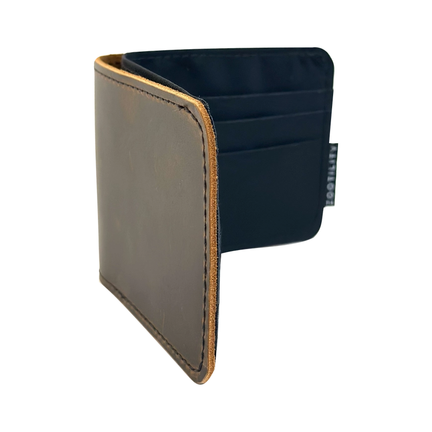 Two-tone leather wallet with a visible brand label on a white background