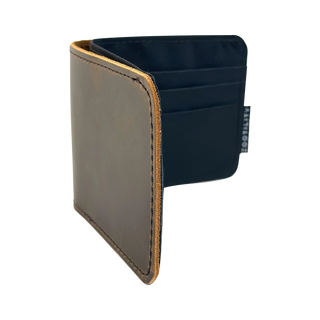 Two-tone leather wallet with a visible brand label on a white background