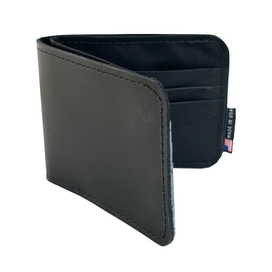 Black leather wallet with a visible brand label on a white background