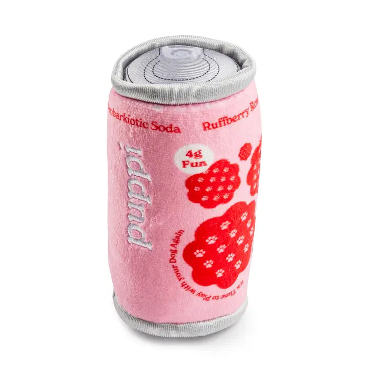 Pink can-shaped dog toy with red paw prints on a white background