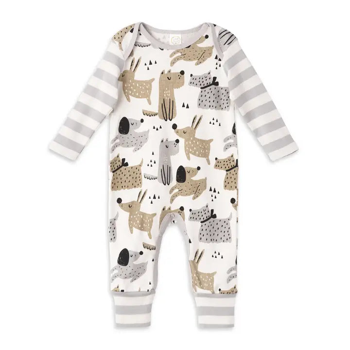 A baby long-sleeve footless romper with a white base, featuring an all-over print of cute illustrated dogs, bunnies, and cats in beige, brown, and gray, with gray and white striped sleeves and striped leg cuffs.