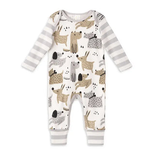 A baby long-sleeve footless romper with a white base, featuring an all-over print of cute illustrated dogs, bunnies, and cats in beige, brown, and gray, with gray and white striped sleeves and striped leg cuffs.