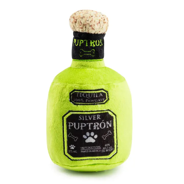 Dog toy shaped like a tequila bottle with 'Puptron' branding on a white background