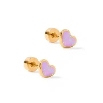 Heart-shaped earrings with pink hearts and gold posts on a white background