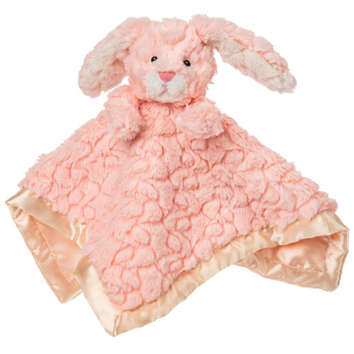 Pink plush bunny with a blanket on a white background