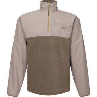 A men's colorblock quarter-zip pullover jacket with a light taupe upper section and sleeves, a darker taupe fleece lower section, and a gold zipper on a white background.