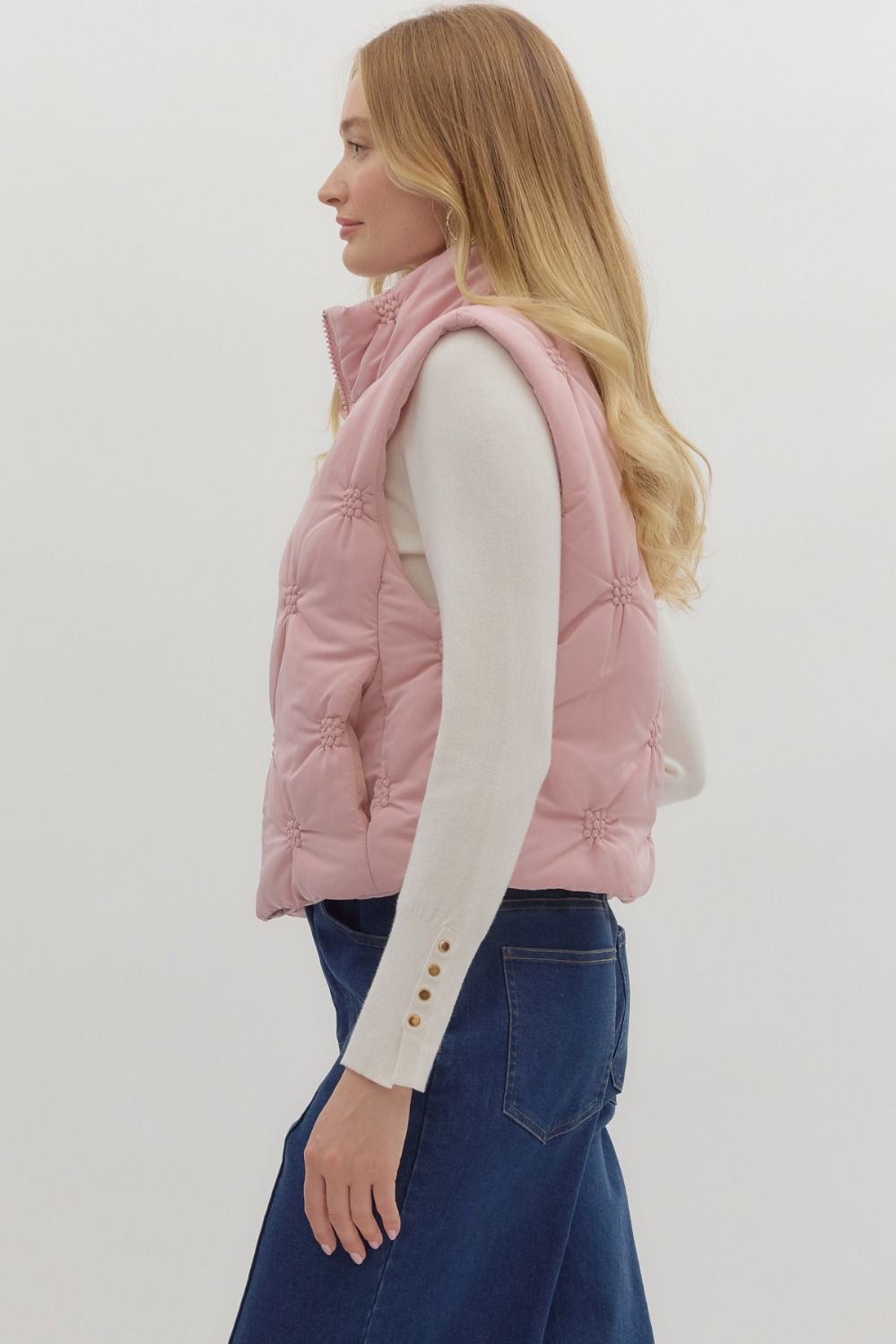 High Neck Quilted Puffer Vest in Dusty Rose