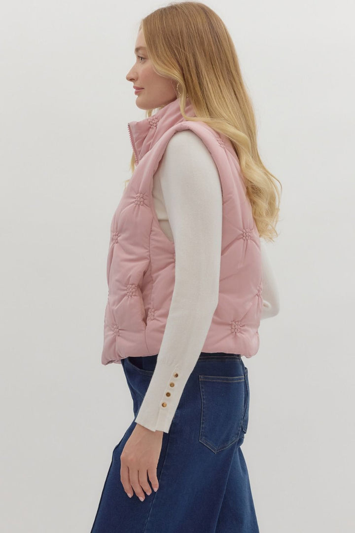 High Neck Quilted Puffer Vest in Dusty Rose