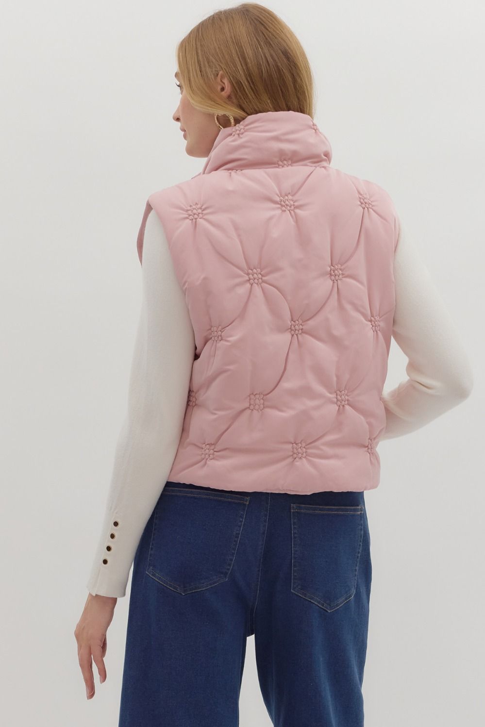 High Neck Quilted Puffer Vest in Dusty Rose