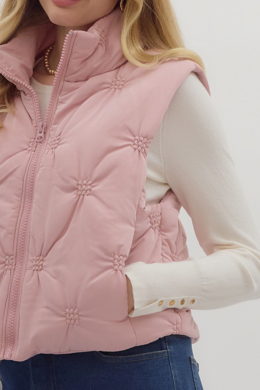 High Neck Quilted Puffer Vest in Dusty Rose