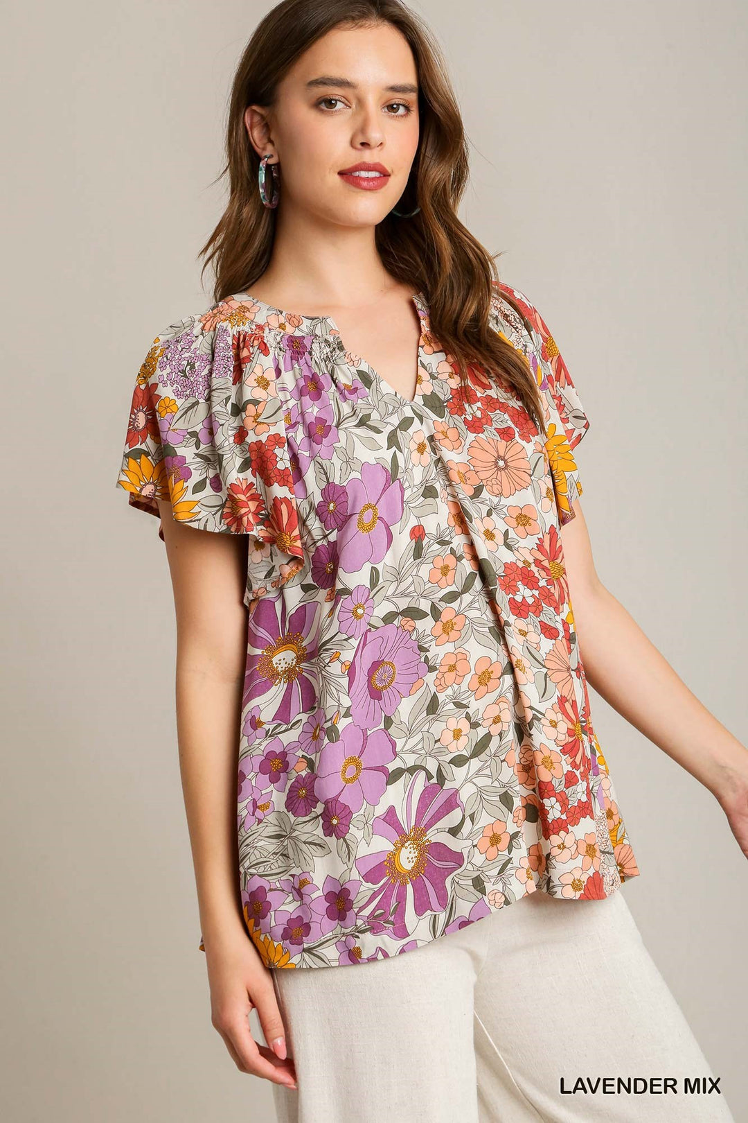 Flowered Top with Ruffle Sleeves