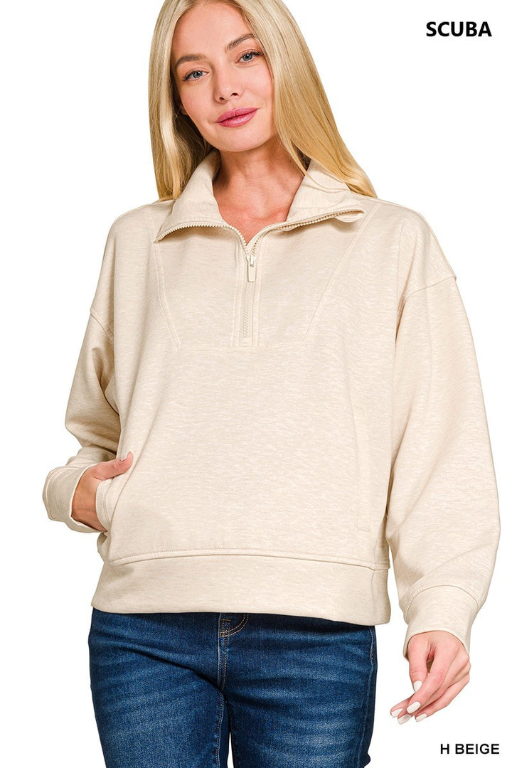 Scuba Half Zip Pullover in Heathered Beige