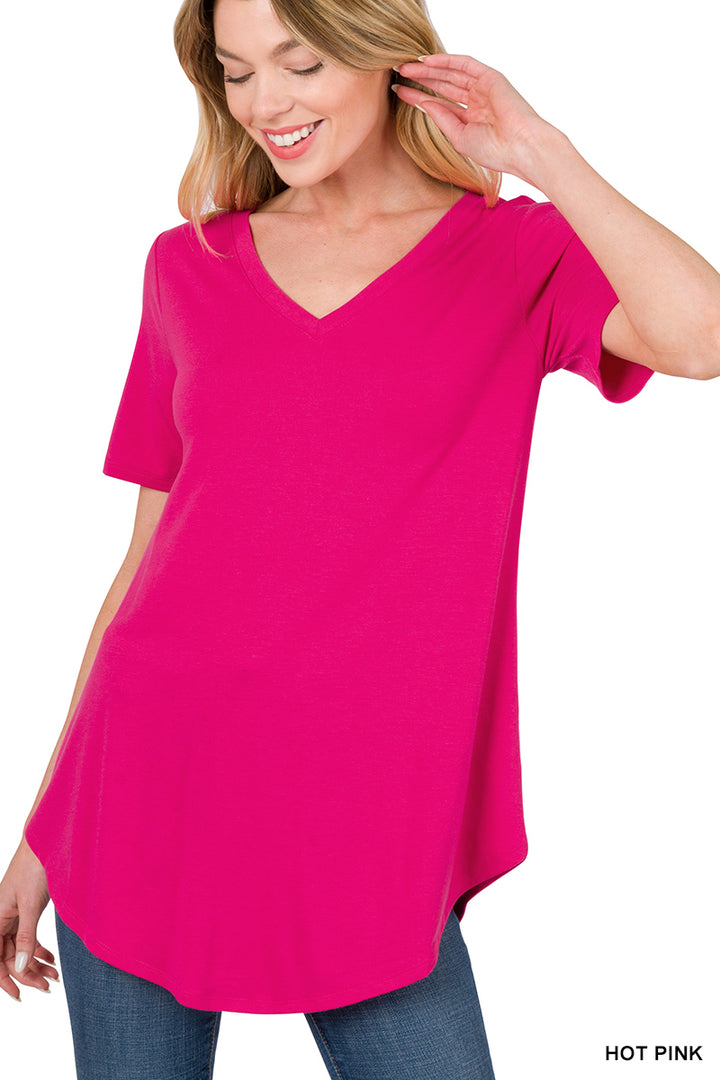 Short Sleeve V-Neck Perfect Tee in Hot Pink