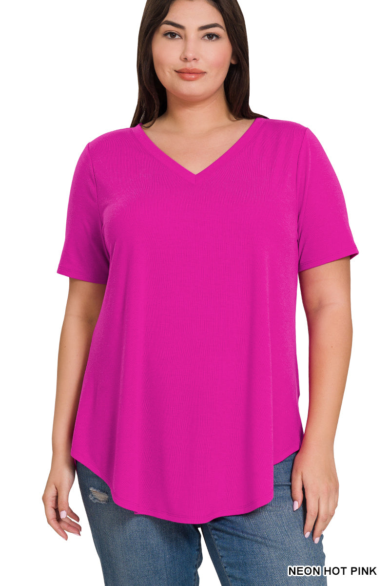 Short Sleeve V-Neck Perfect Tee in Hot Pink