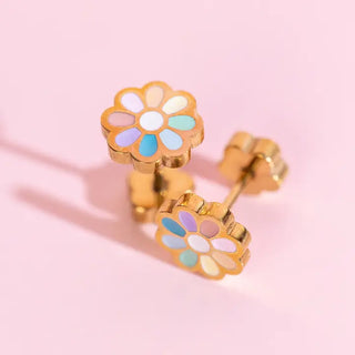 Water Resistant Flat Screwback Earrings- Rainbow Daisy