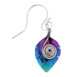 Colorful feather-shaped earring with a spiral design on a white background