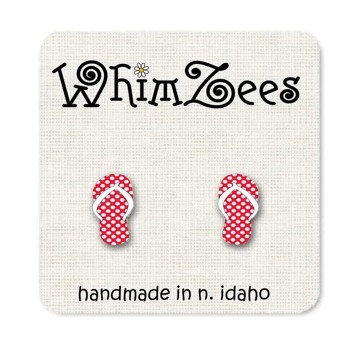 Red polka dot flip-flop earrings on a 'WhimZees' branded card.