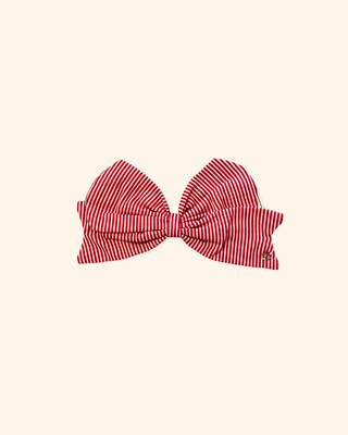 red and white striped bow with gold mary square logo