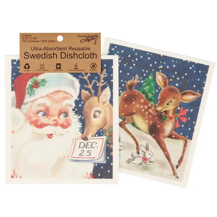 Two Swedish dishcloths with Christmas-themed designs and packaging.