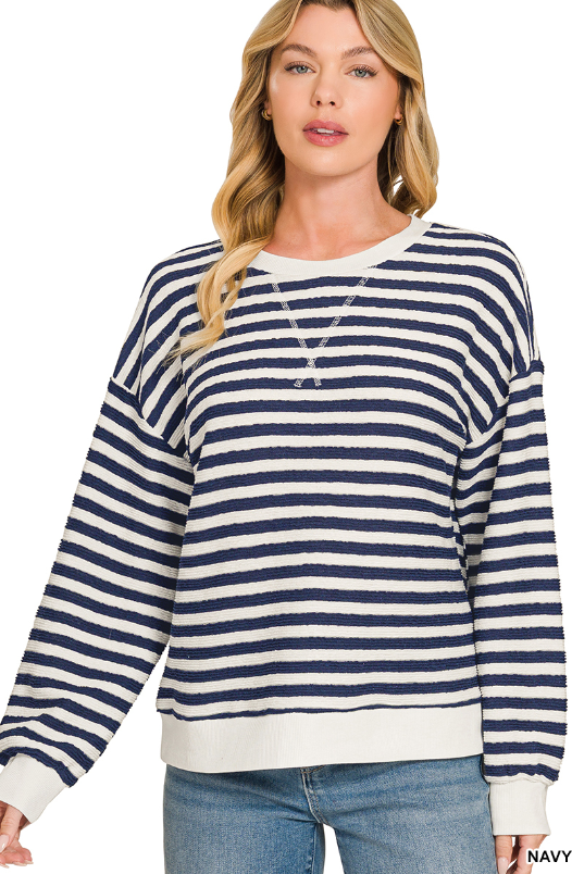 navy and white striped pullover crewneck