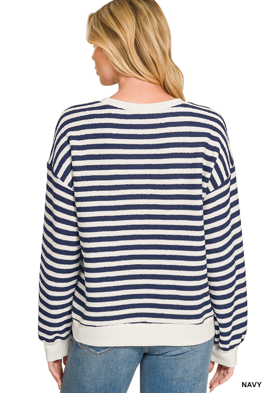 Ribbed Stripe Pullover in Navy